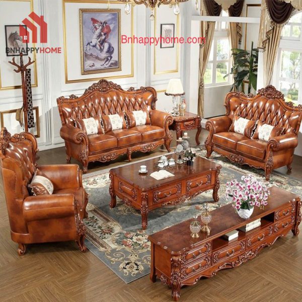 sofa tân cổ điển da bò thật